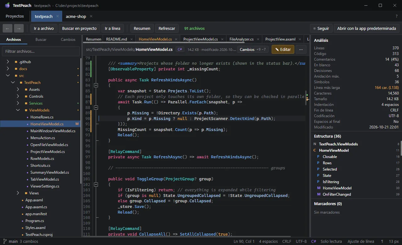 Un proyecto abierto en TextPeach: árbol con estado de git, código con colores y panel de análisis