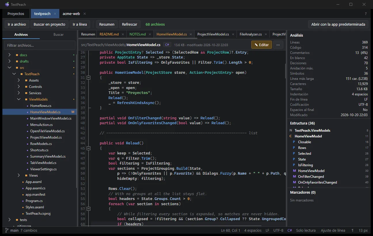 Un proyecto abierto en TextPeach: árbol con estado de git, código con colores y panel de análisis