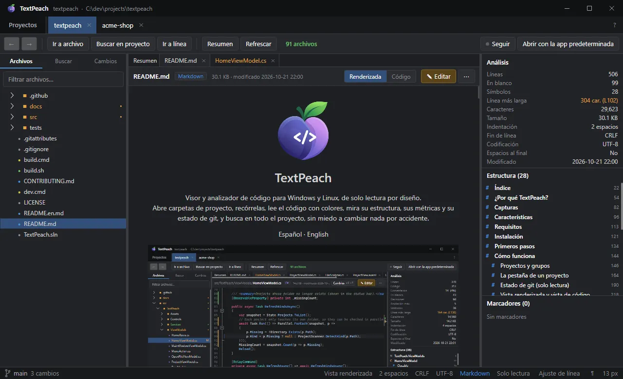 README renderizado con su estructura navegable
