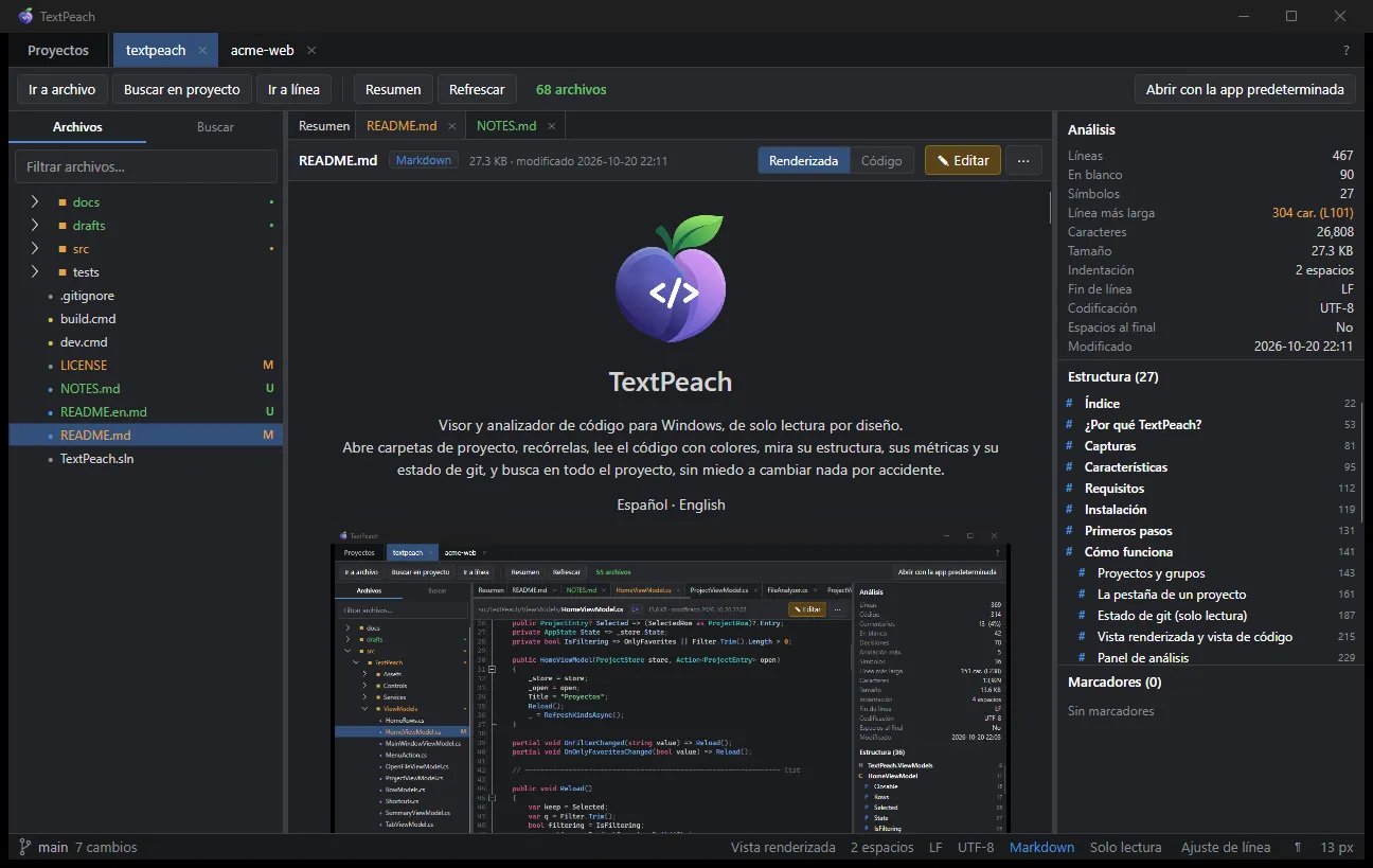README renderizado con su estructura navegable